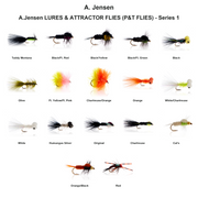 Farveoversigt – A.Jensen LURES & ATTRACTOR FLIES (P&T FLIES) - Series 1