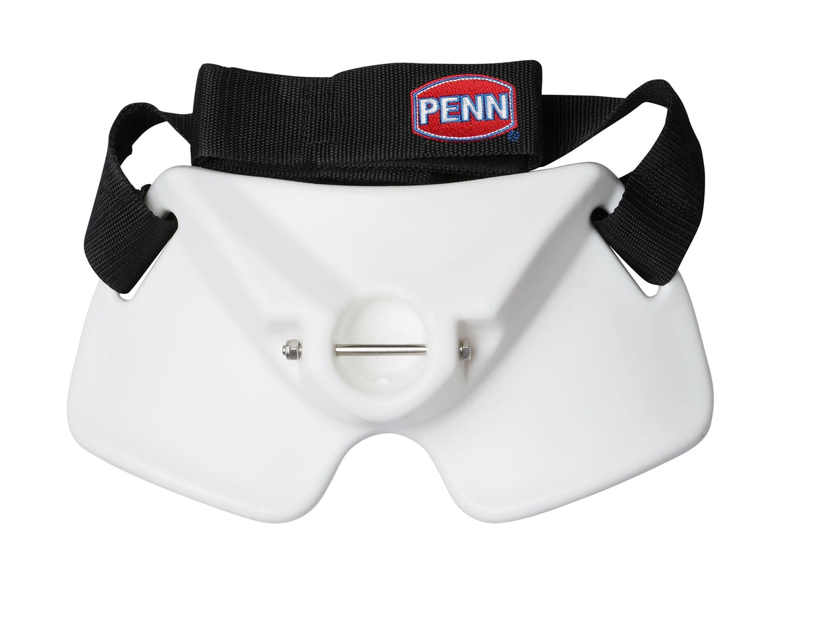 PENN Gimbal Belt med hvid gimbalplade, metalbolt og bred sort rem med PENN-logo.